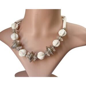 1980s Komatsu Japan White AB Ceramic Lucite & Silver Tone Beads Choker Necklace